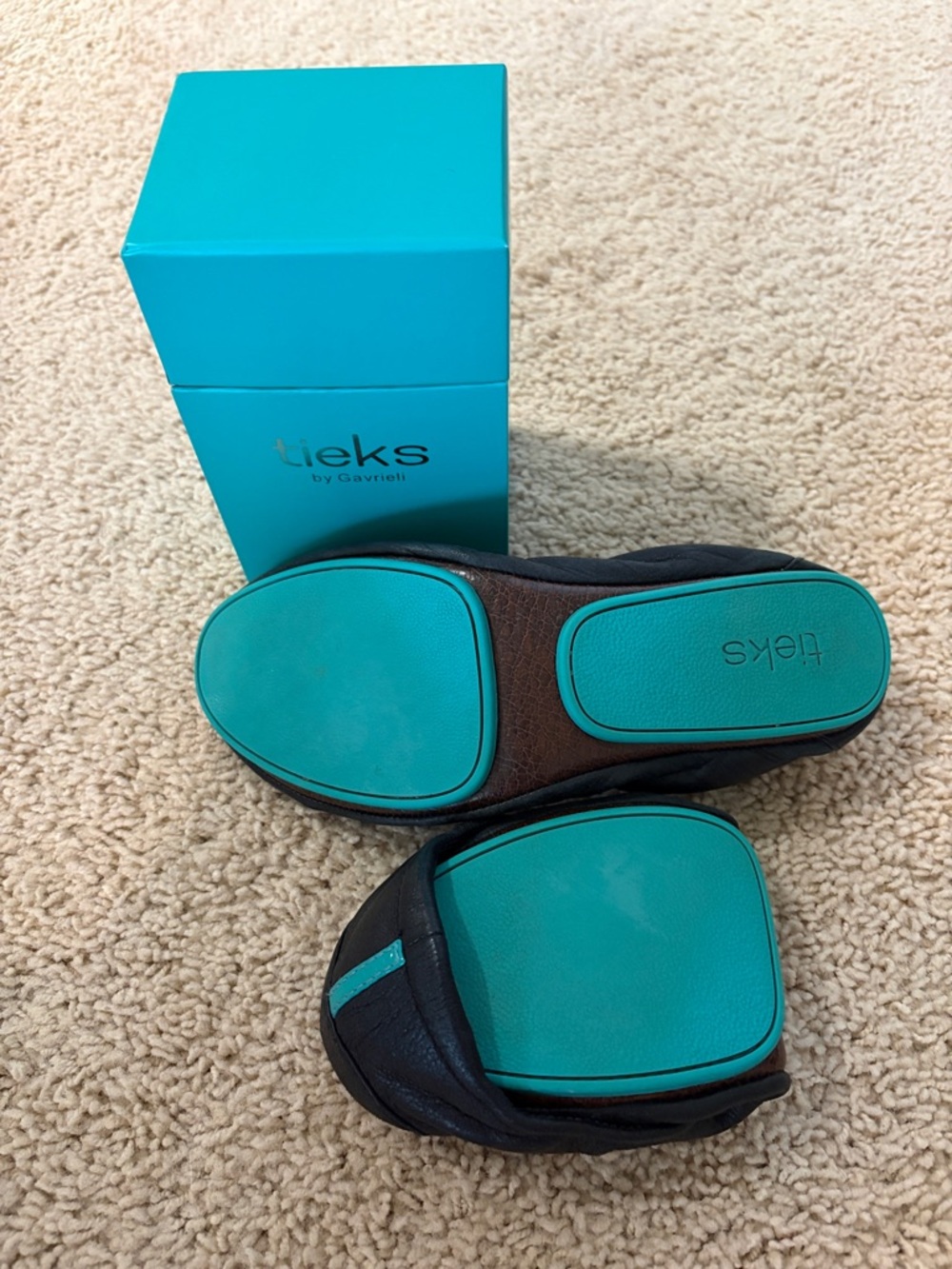 Tieks Black Leather Foldable Ballet Flats with Teal Accents - Picture 2 of 3
